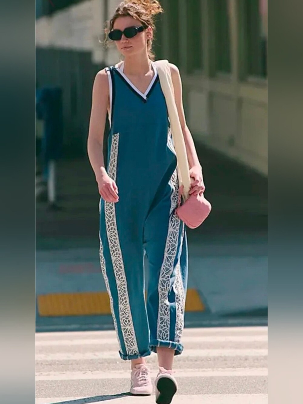 Free People Movement Daytrip Jumpsuit Blue Skyline Lace Trim Athleisure Size L